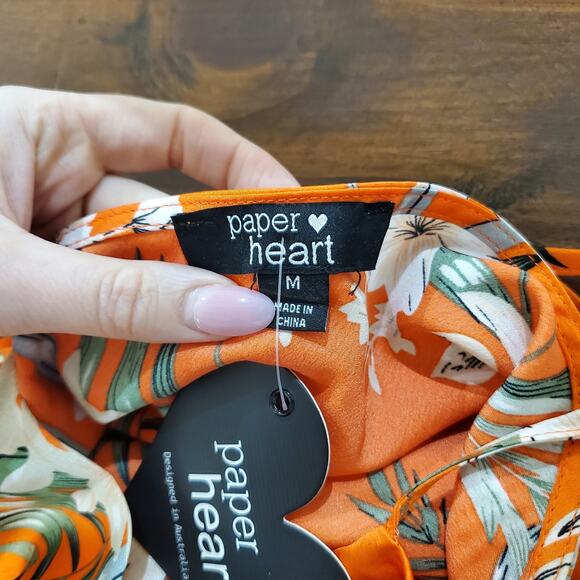 Paper Heart Silky Maxi Dress M Orange Floral Cowl Neck High Slit Garden Party - Picture 14 of 16